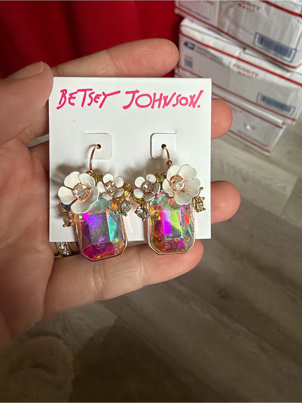 Betsey Johnson Iridescent Pink Crystal Floral Drop Earrings